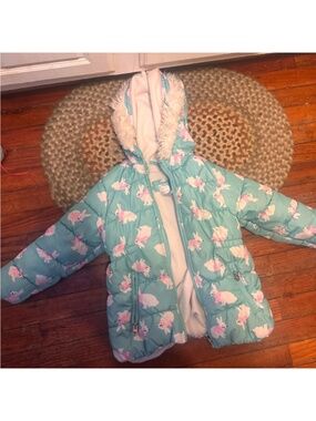 Carters size 5-6 mint green jacket with playful bunny print. Features a hood wit